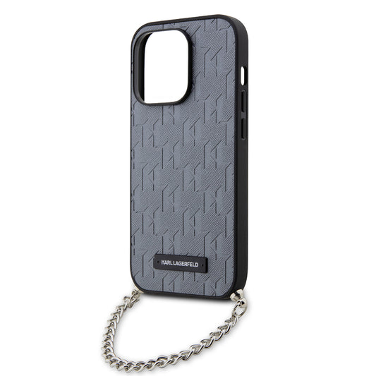 Hoes voor Apple iPhone 14 Pro, Karl Lagerfeld, Saffiano Monogram Chain, Zilverkleurig