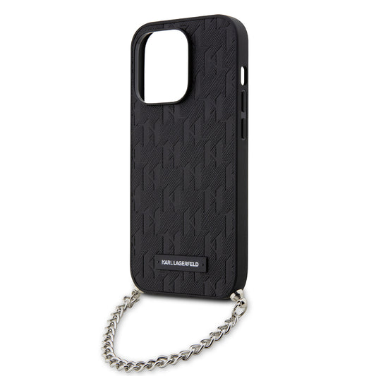 Hoes voor Apple iPhone 14 Pro, Karl Lagerfeld, Saffiano Monogram Chain, Zwart