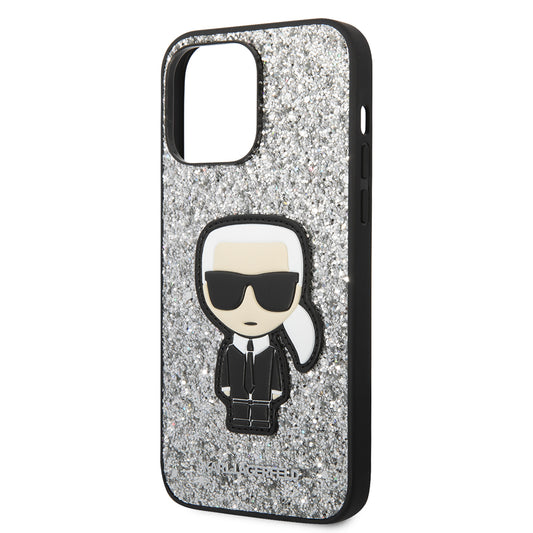 Hoes voor Apple iPhone 14 Pro Max, Karl Lagerfeld, Glitter Flakes Ikonik Karl, Zilverkleurig