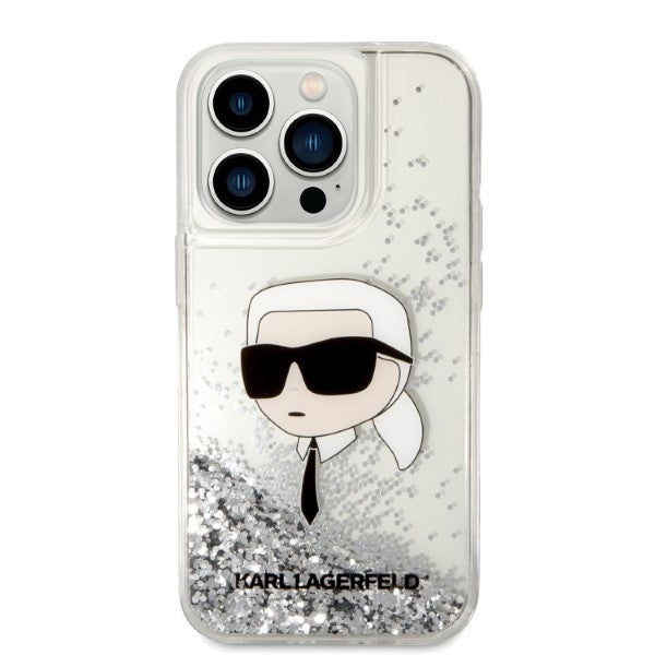 Hoes voor Apple iPhone 14 Pro Max, Karl Lagerfeld, Glitter Karl's Head, Zilverkleurig.