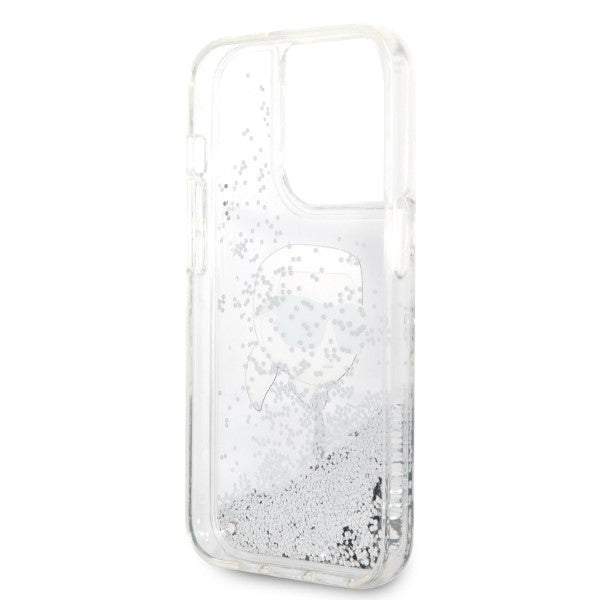 Hoes voor Apple iPhone 14 Pro Max, Karl Lagerfeld, Glitter Karl's Head, Zilverkleurig.