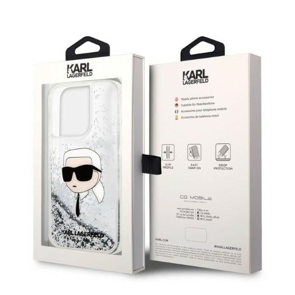 Hoes voor Apple iPhone 14 Pro Max, Karl Lagerfeld, Glitter Karl's Head, Zilverkleurig.