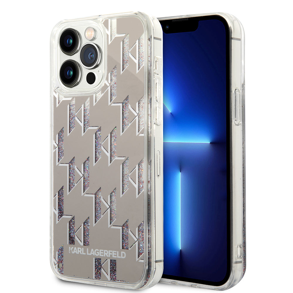 Hoes voor Apple iPhone 14 Pro Max, Karl Lagerfeld, Liquid Glitter Monogram, Zilverkleurig