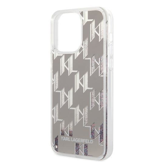 Hoes voor Apple iPhone 14 Pro Max, Karl Lagerfeld, Liquid Glitter Monogram, Zilverkleurig