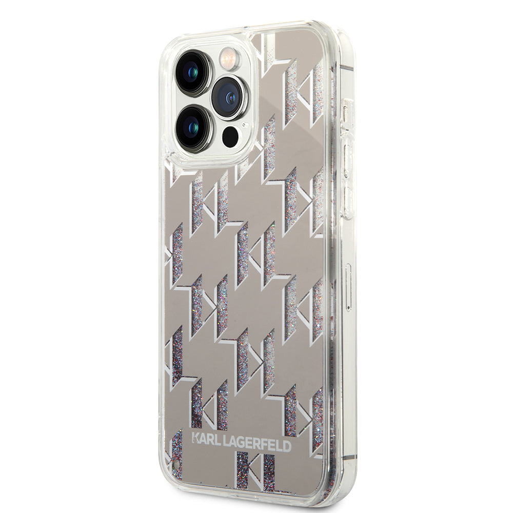 Hoes voor Apple iPhone 14 Pro Max, Karl Lagerfeld, Liquid Glitter Monogram, Zilverkleurig