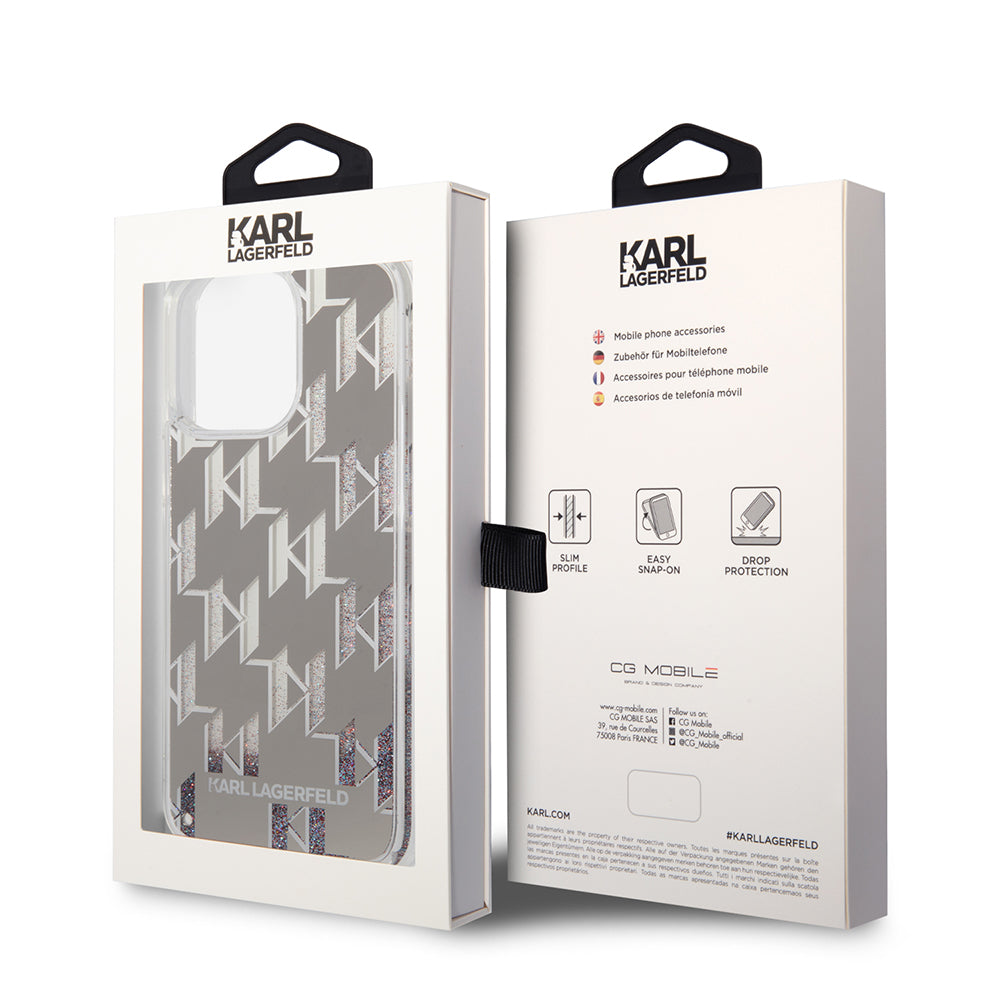Hoes voor Apple iPhone 14 Pro Max, Karl Lagerfeld, Liquid Glitter Monogram, Zilverkleurig