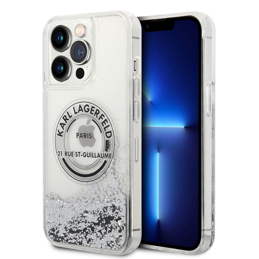 Hoes voor Apple iPhone 14 Pro Max, Karl Lagerfeld, Liquid Glitter RSG, Zilverkleurig
