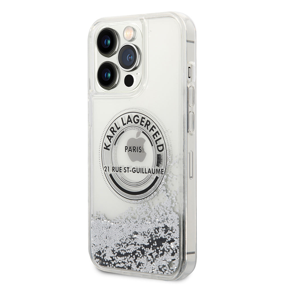 Hoes voor Apple iPhone 14 Pro Max, Karl Lagerfeld, Liquid Glitter RSG, Zilverkleurig