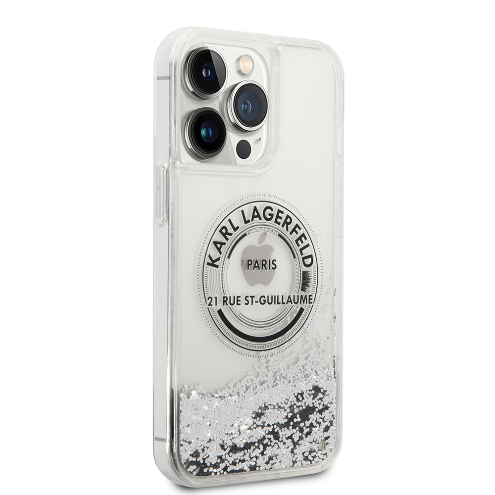 Hoes voor Apple iPhone 14 Pro Max, Karl Lagerfeld, Liquid Glitter RSG, Zilverkleurig