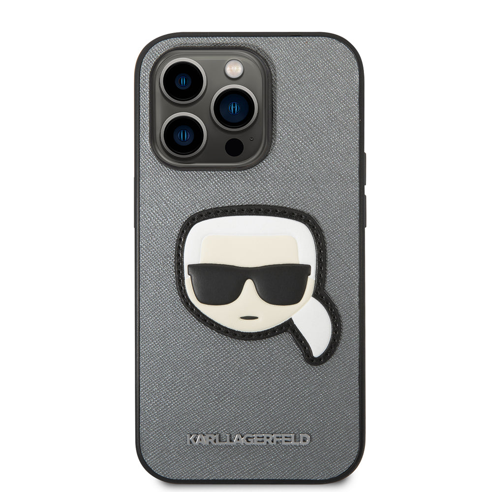 Hoes voor Apple iPhone 14 Pro Max, Karl Lagerfeld, Saffiano Karl's Head, Zilverkleurig