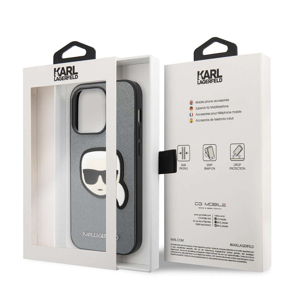 Hoes voor Apple iPhone 14 Pro Max, Karl Lagerfeld, Saffiano Karl's Head, Zilverkleurig