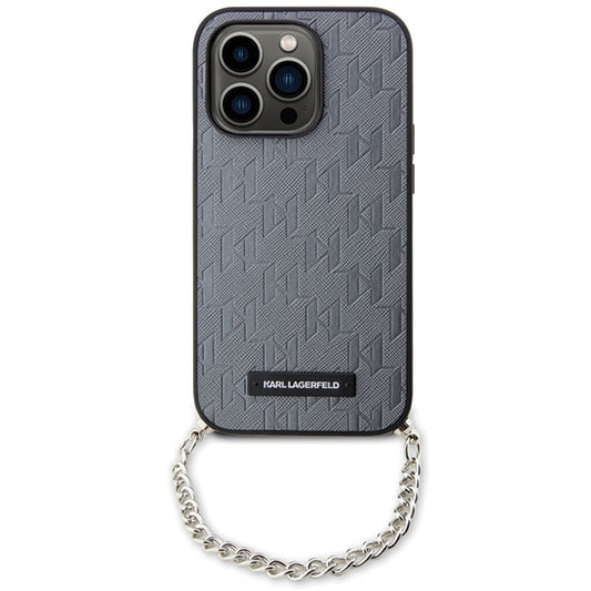 Hoes voor Apple iPhone 14 Pro Max, Karl Lagerfeld, Saffiano Monogram Chain, Zilverkleurig
