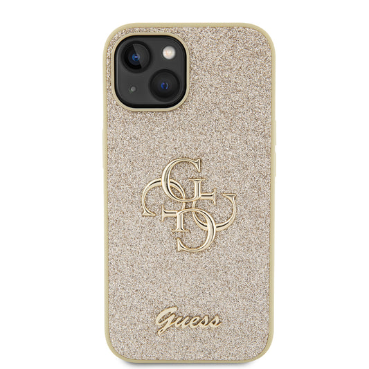 Hoes voor Apple iPhone 15, Guess, Glitter Big 4G Script, Goud