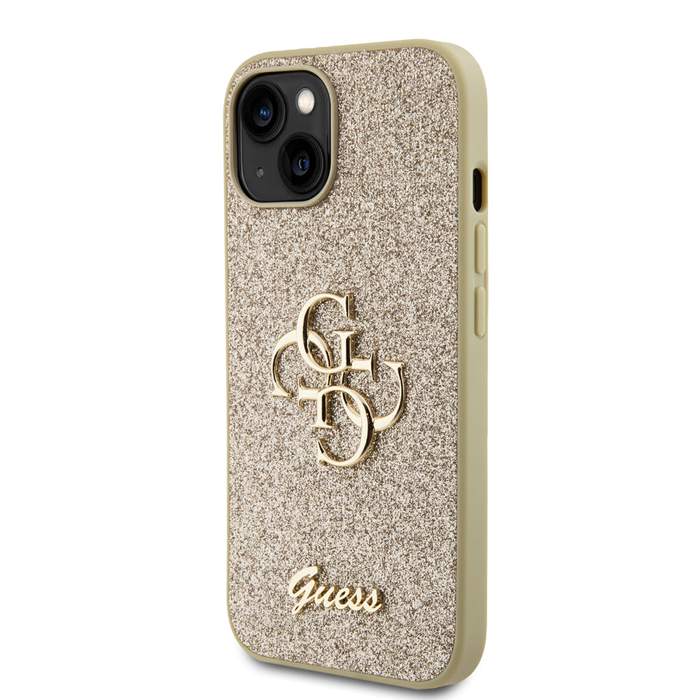 Hoes voor Apple iPhone 15, Guess, Glitter Big 4G Script, Goud