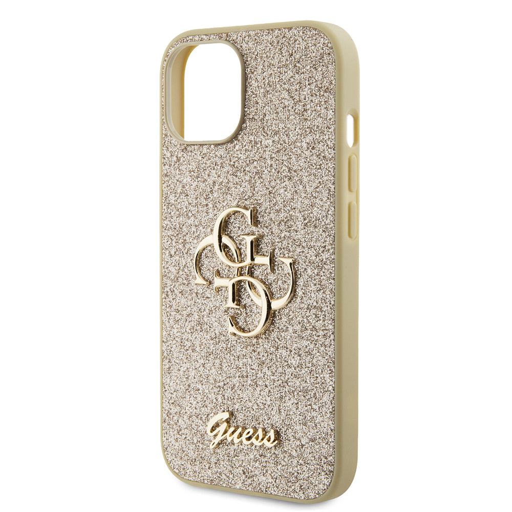 Hoes voor Apple iPhone 15, Guess, Glitter Big 4G Script, Goud