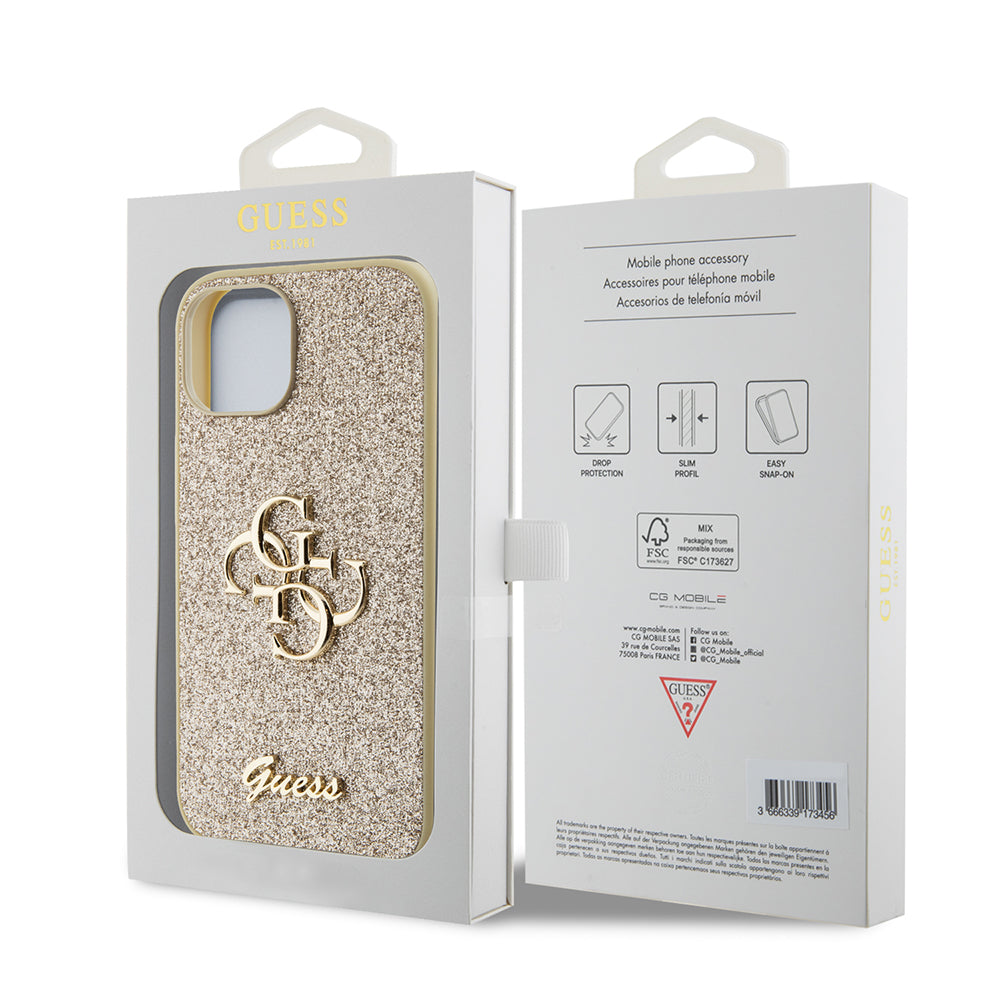 Hoes voor Apple iPhone 15, Guess, Glitter Big 4G Script, Goud