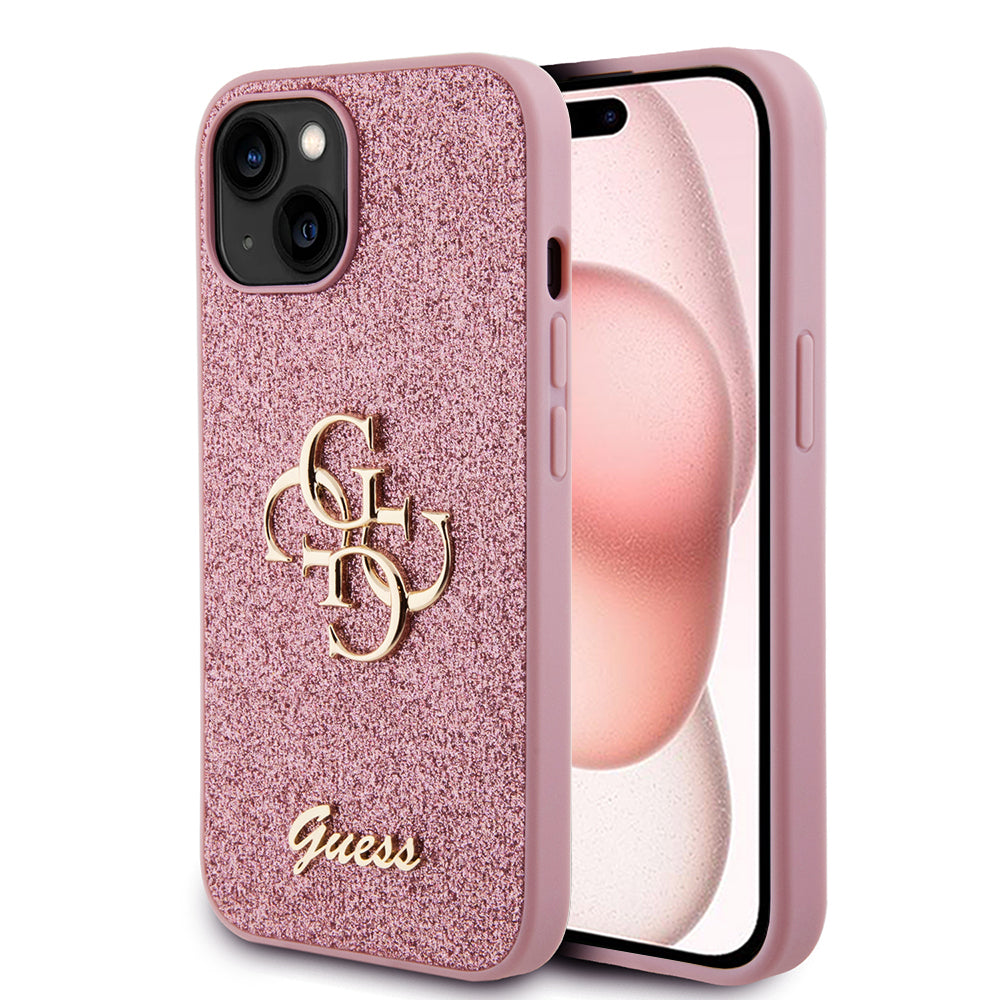 Hoes voor Apple iPhone 15, Guess, Glitter Big 4G Script, Roze