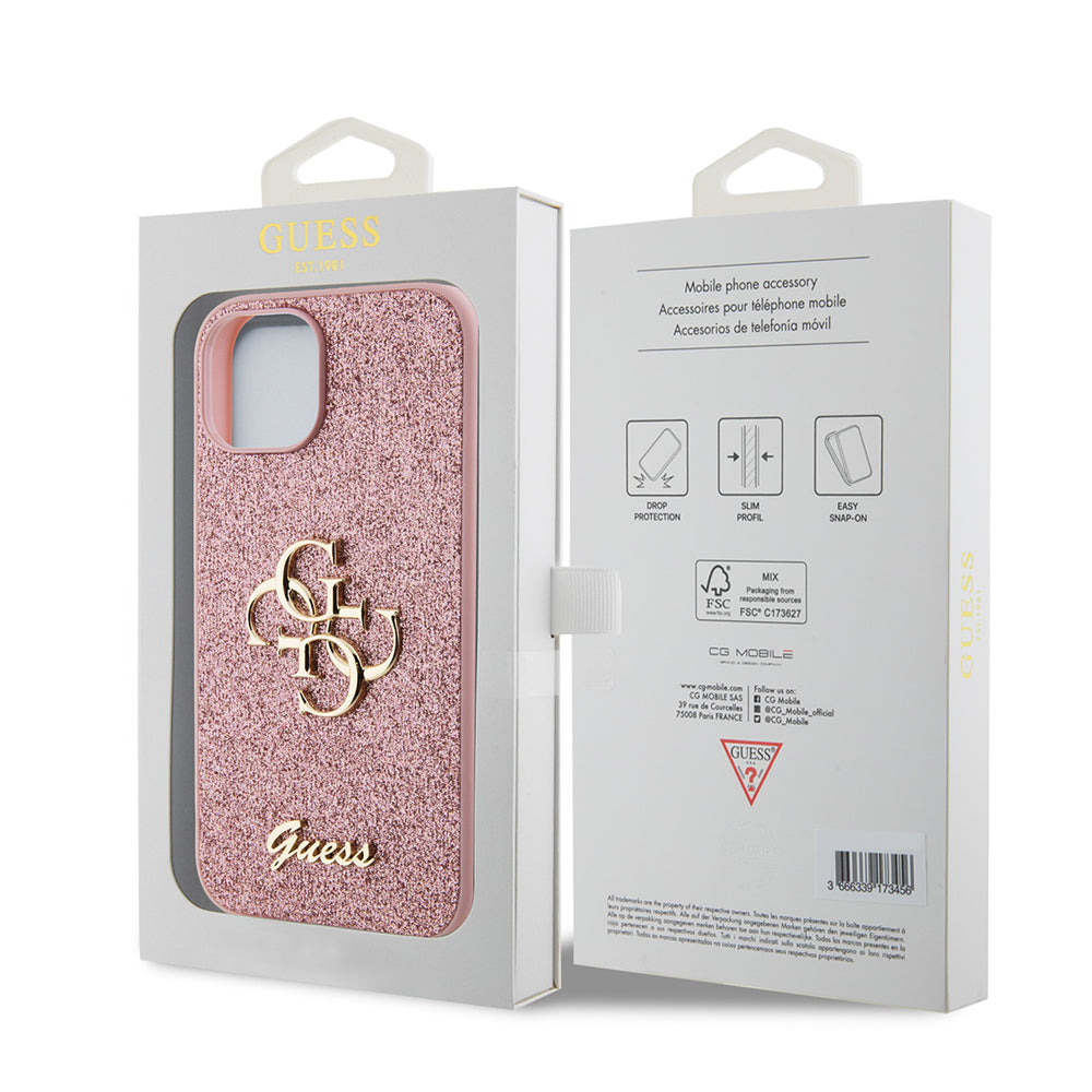 Hoes voor Apple iPhone 15, Guess, Glitter Big 4G Script, Roze