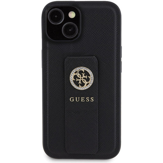 Hoes voor Apple iPhone 15, Guess, Grip Stand 4G Saffiano Strass, Zwart
