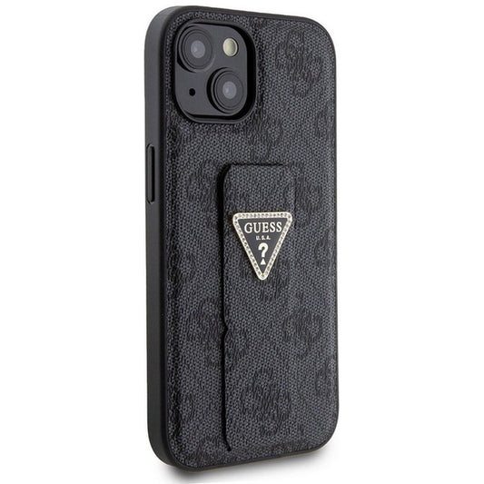 Hoes voor Apple iPhone 15, Guess, Grip Stand 4G Triangle Strass, Zwart