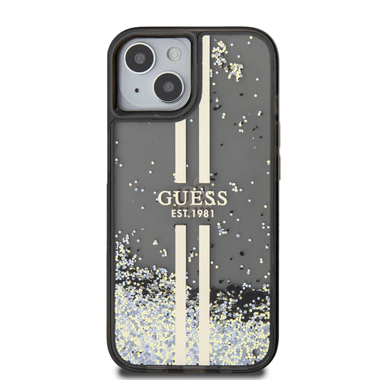 Hoes voor Apple iPhone 15, Guess, Liquid Glitter Gold Stripes, Zwart