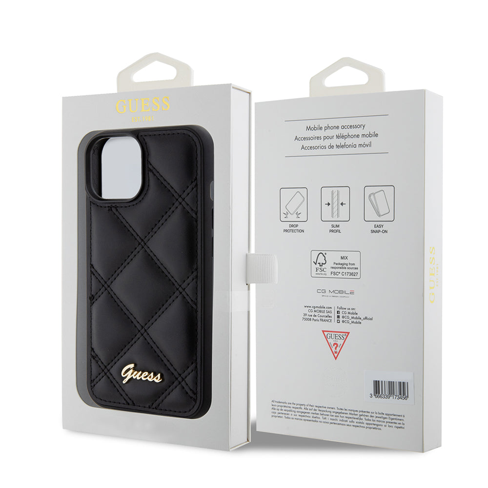 Hoes voor Apple iPhone 15, Guess, Quilted Metal Logo, Zwart