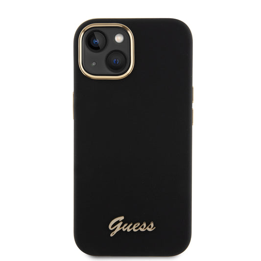 Hoes voor Apple iPhone 15, Guess, Script Metal Logo & Frame, Zwart