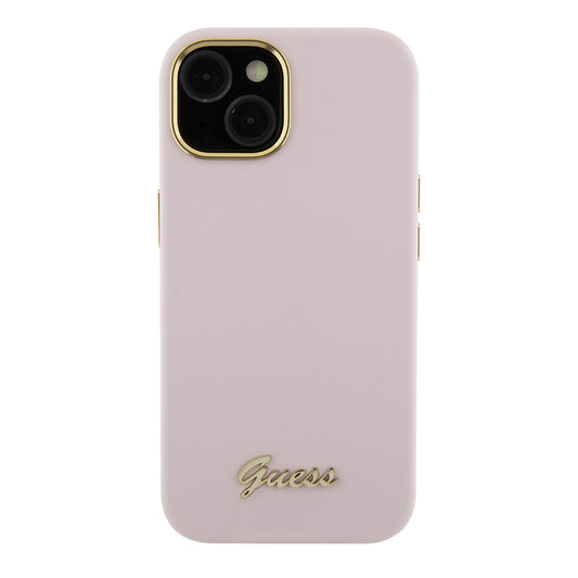 Hoes voor Apple iPhone 15, Guess, Script Metal Logo & Frame, Lichtroze