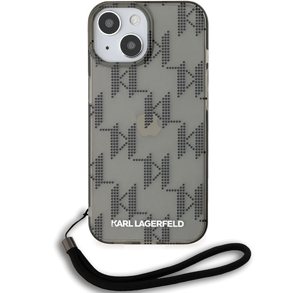 Hoes voor Apple iPhone 15, Karl Lagerfeld, IML Luxury Monogram KL Pattern met Band, Zwart