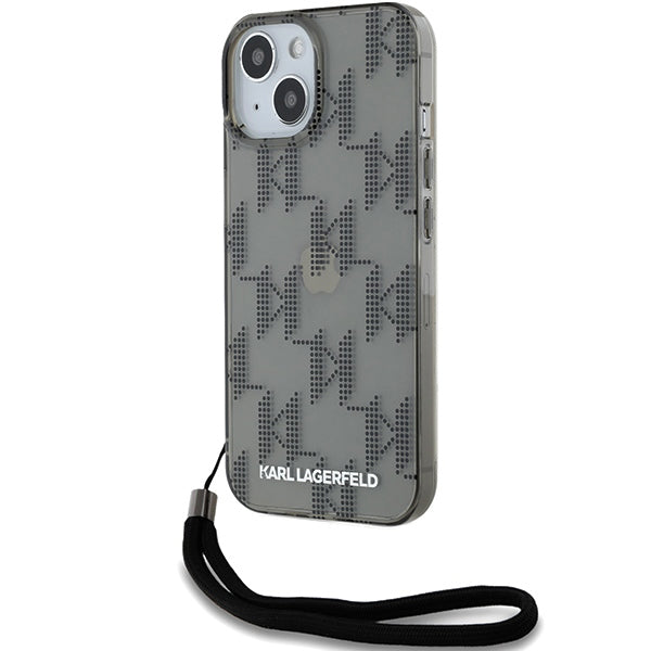 Hoes voor Apple iPhone 15, Karl Lagerfeld, IML Luxury Monogram KL Pattern met Band, Zwart