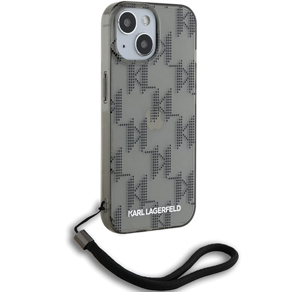 Hoes voor Apple iPhone 15, Karl Lagerfeld, IML Luxury Monogram KL Pattern met Band, Zwart