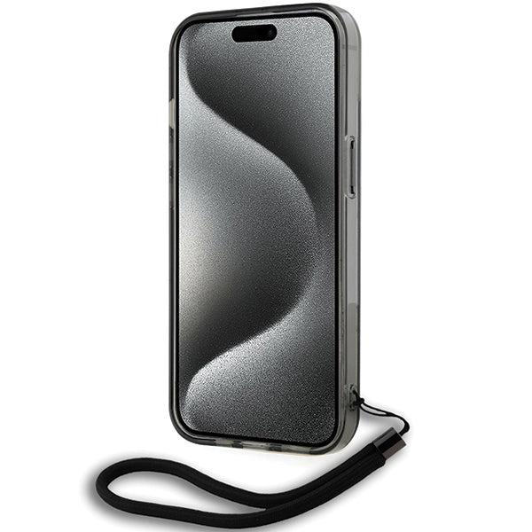 Hoes voor Apple iPhone 15, Karl Lagerfeld, IML Luxury Monogram KL Pattern met Band, Zwart