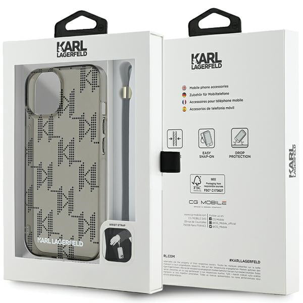 Hoes voor Apple iPhone 15, Karl Lagerfeld, IML Luxury Monogram KL Pattern met Band, Zwart
