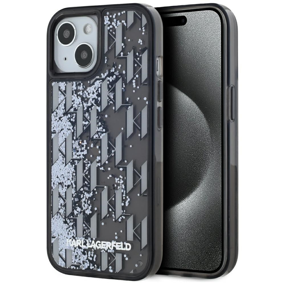 Hoes voor Apple iPhone 15, Karl Lagerfeld, Liquid Glitter Monogram, Zwart