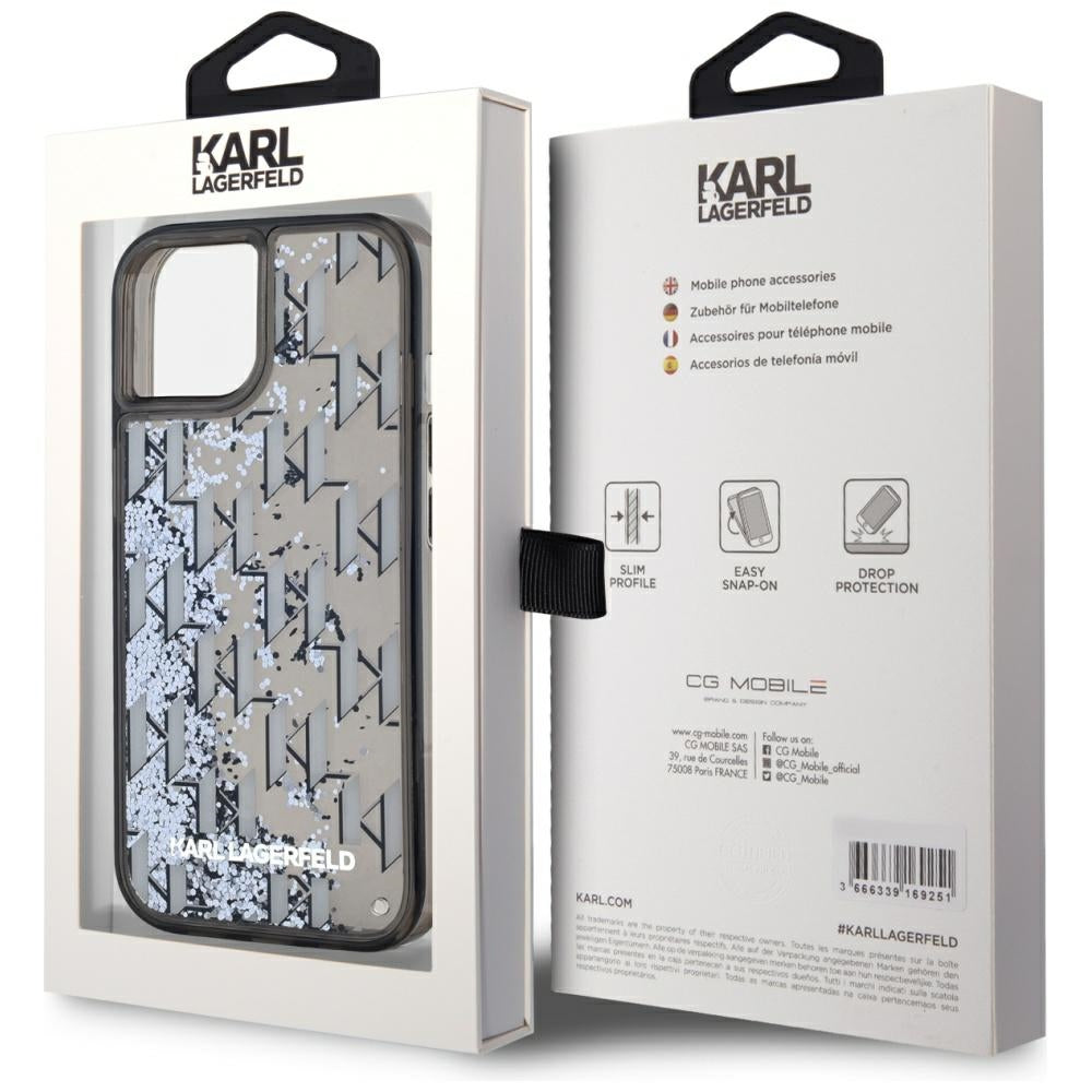 Hoes voor Apple iPhone 15, Karl Lagerfeld, Liquid Glitter Monogram, Zwart