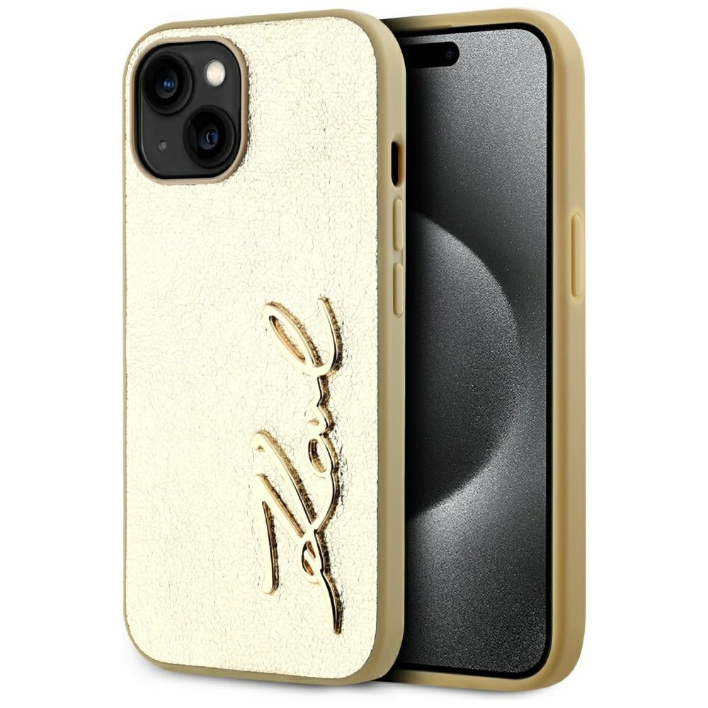 Hoes voor Apple iPhone 15, Karl Lagerfeld, Metal Signature, Goud