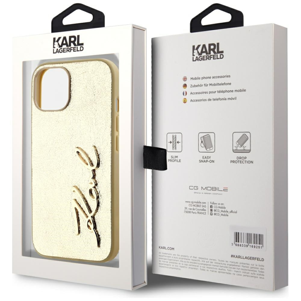 Hoes voor Apple iPhone 15, Karl Lagerfeld, Metal Signature, Goud