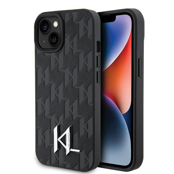 Hoes voor Apple iPhone 15, Karl Lagerfeld, Monogram Hot Stamp Metal Logo, Zwart