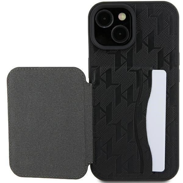 Hoes voor Apple iPhone 15, Karl Lagerfeld, Saffiano Cardslots en Stand Monogram Choupette, Zwart