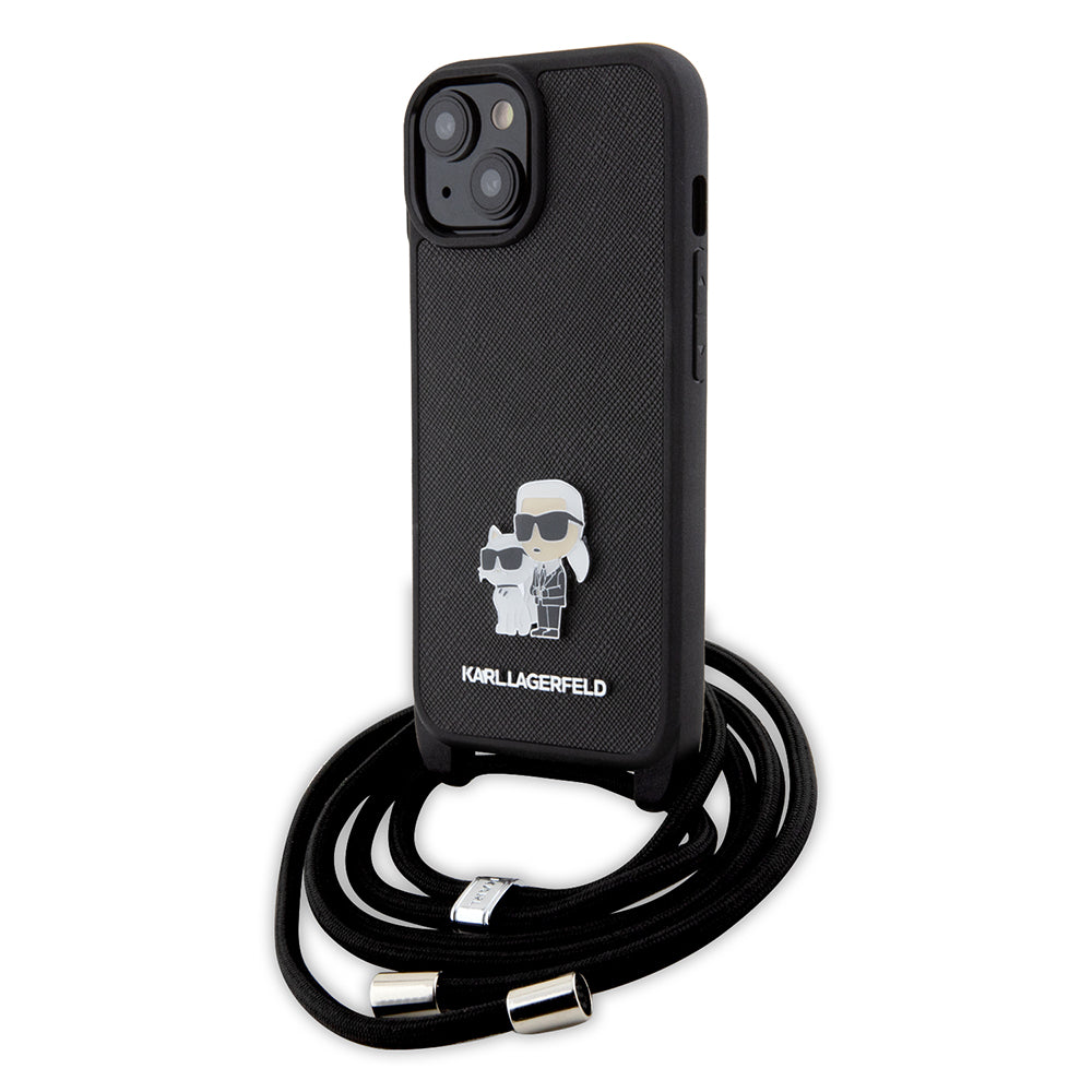 Hoes voor Apple iPhone 15, Karl Lagerfeld, Saffiano Crossbody Metal Pin Karl & Choupette, Zwart