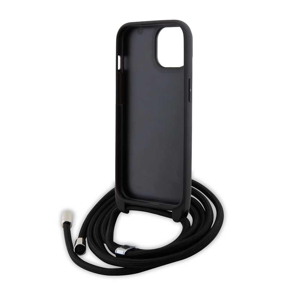Hoes voor Apple iPhone 15, Karl Lagerfeld, Saffiano Crossbody Metal Pin Karl & Choupette, Zwart
