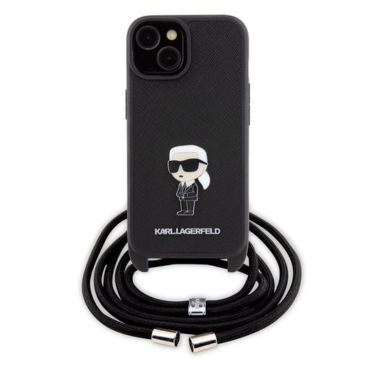 Hoes voor Apple iPhone 15, Karl Lagerfeld, Saffiano Crossbody Monogram Metal Pin Karl, Zwart