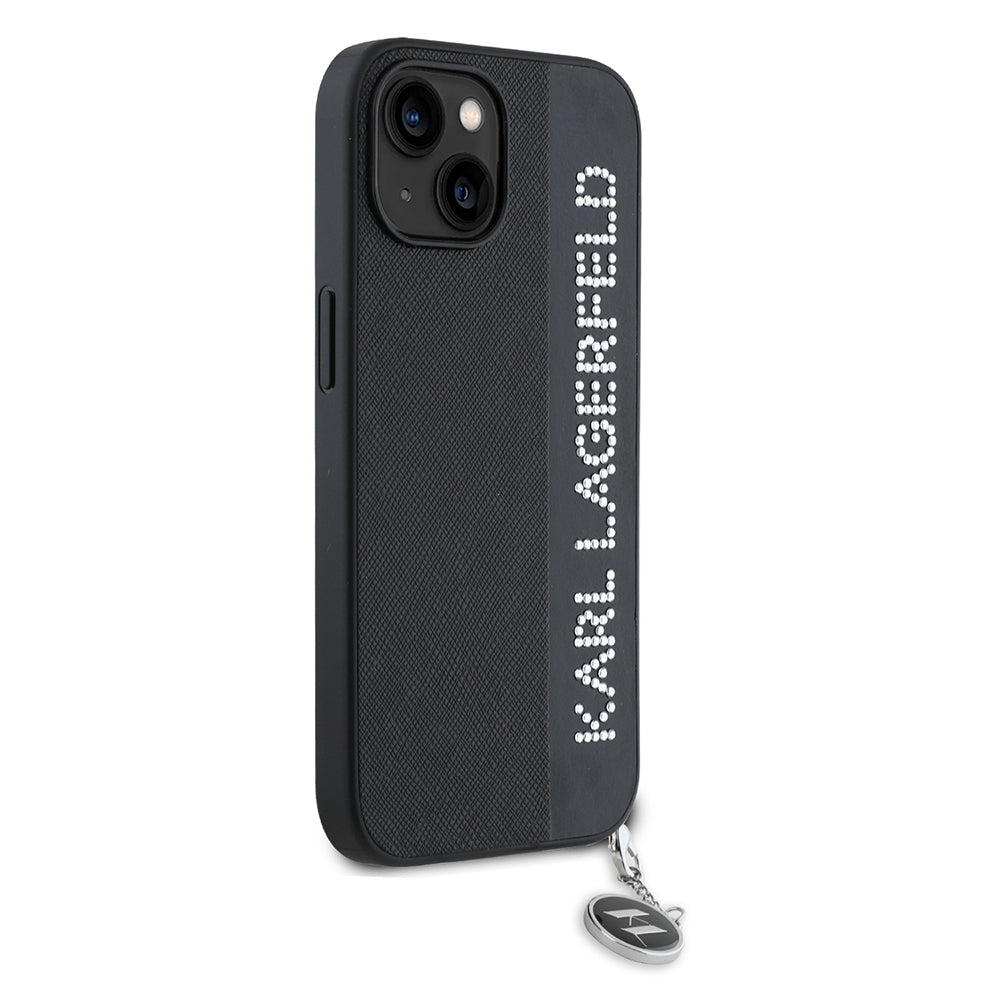 Case for Apple iPhone 15, Karl Lagerfeld, Saffiano Rhinestones & Charm, Black