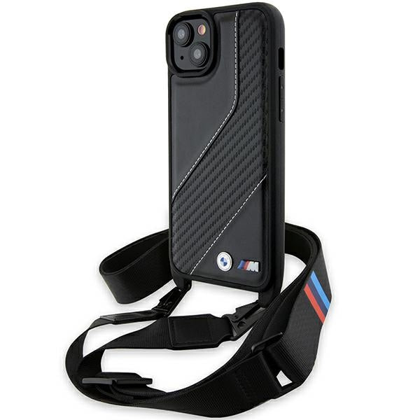 Hoes voor Apple iPhone 15 Plus, BMW, M Edition Carbon Stripe & Strap, Zwart