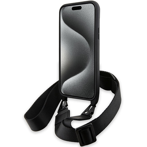 Hoes voor Apple iPhone 15 Plus, BMW, M Edition Carbon Stripe & Strap, Zwart