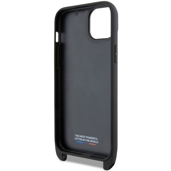 Hoes voor Apple iPhone 15 Plus, BMW, M Edition Carbon Stripe & Strap, Zwart
