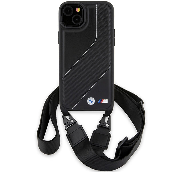 Hoes voor Apple iPhone 15 Plus, BMW, M Edition Carbon Stripe & Strap, Zwart