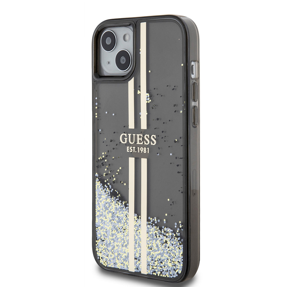 Hoes voor Apple iPhone 15 Plus, Guess, Liquid Glitter Gold Stripes, Zwart