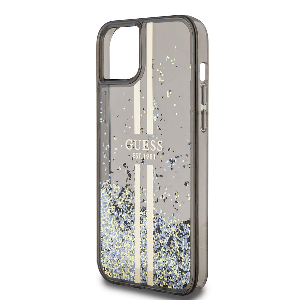Hoes voor Apple iPhone 15 Plus, Guess, Liquid Glitter Gold Stripes, Zwart