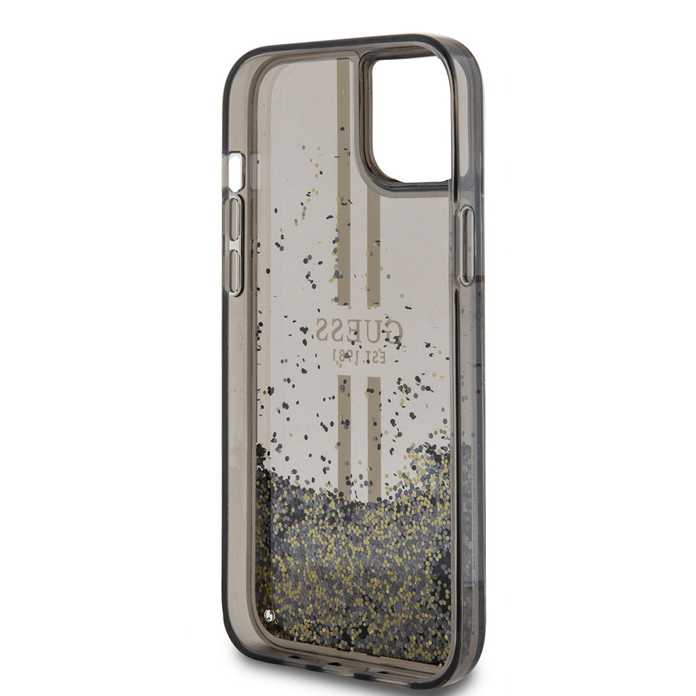 Hoes voor Apple iPhone 15 Plus, Guess, Liquid Glitter Gold Stripes, Zwart